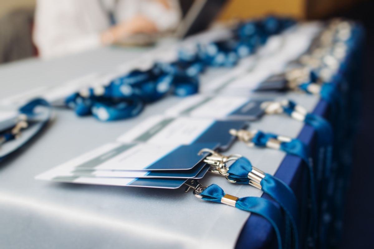 Name badges on a table at a corporate event.